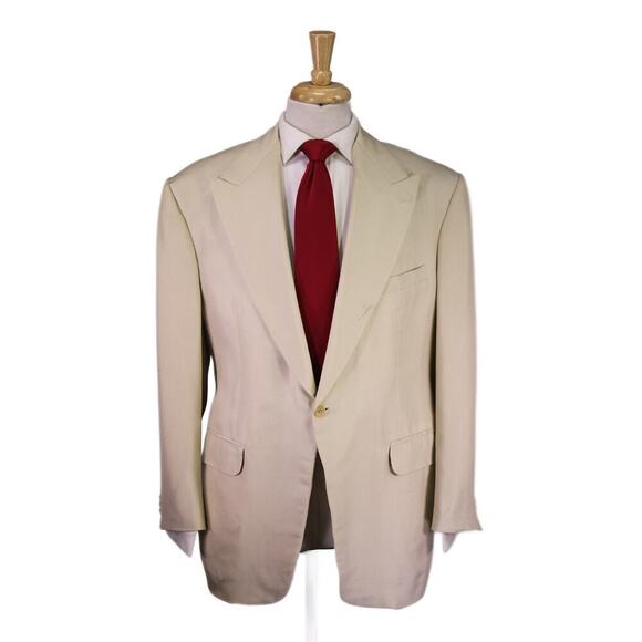Alan Flusser Full Bespoke w/ Hermes Lining Beige Raw Silk Peak Lapel Suit 46R - Picture 1 of 16
